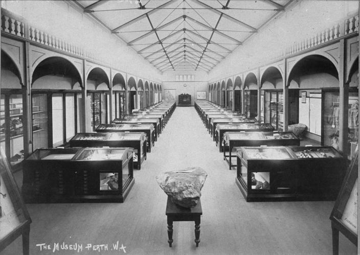 Image of the main gallery at the Western Australian Museum circa 1890. 